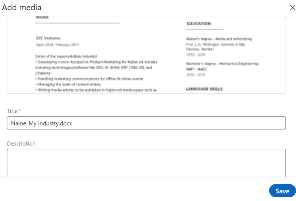 Add Media - Feature Your Resume on Your LinkedIn Profile
